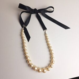 Faux Pearl Necklace With Black Ribbon Tie Adjustable